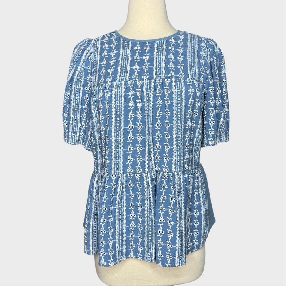 THML Medium Blue Eyelet Lace Boho Coastal Seaside Top New England Style